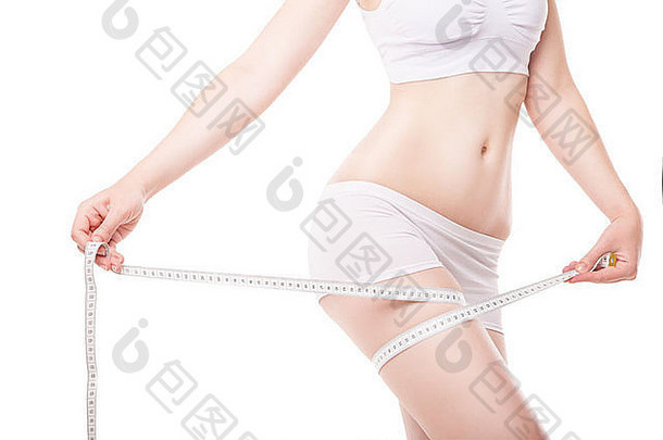 减肥女人测量大腿测量磁带白色背景