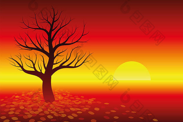 秋天<strong>大气</strong>日落发光的<strong>红色</strong>的景观无叶的树插图温暖的<strong>红色</strong>的梯度背景