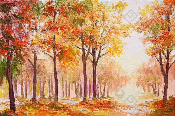 石油绘画景观色彩斑斓的秋天森林