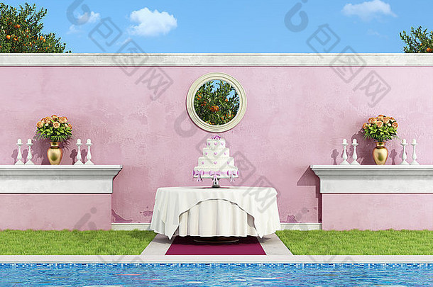婚礼蛋糕轮表格优雅的花园游泳池呈现