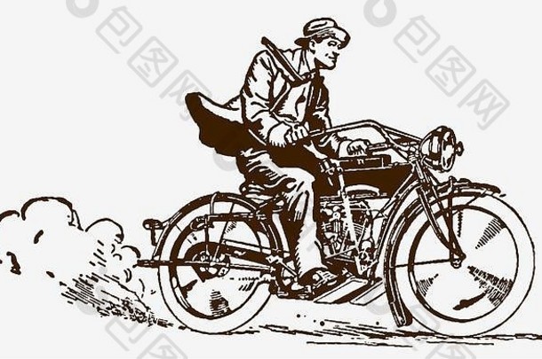 历史男人。骑经典摩托车高速度插图雕刻早期世纪