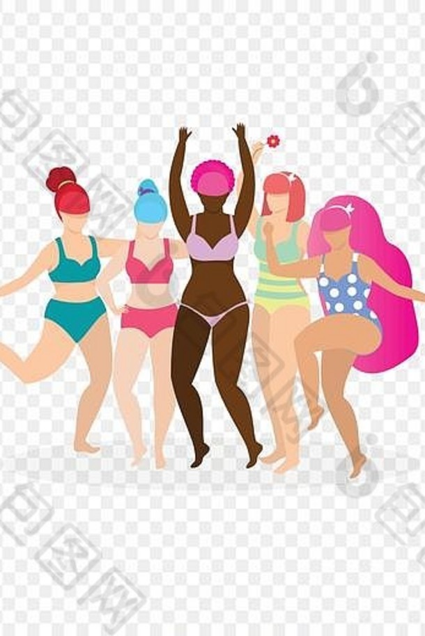 集团快乐的多民族的多元文化的女字符站比基尼游泳穿孤立的透明的背景女孩权力bodypos