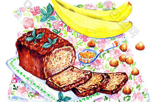 手画水彩插图香蕉面包成分餐巾玫瑰打印