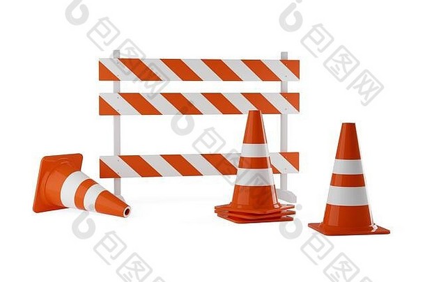 橙色交通警告视锥细胞塔街障碍白色背景建设维护注意概念插图
