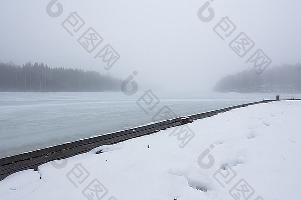 厚雾冻湖景观