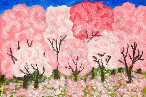 春天花园开花粉红色的颜色石油绘画