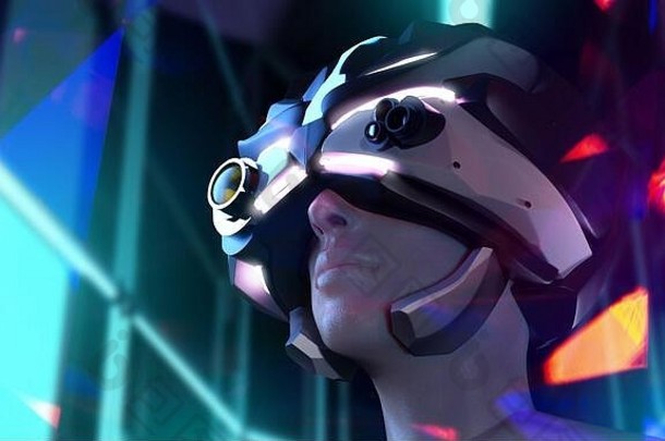 维插图未来主义的科幻女脸头盔霓虹灯城市建筑背景角视图