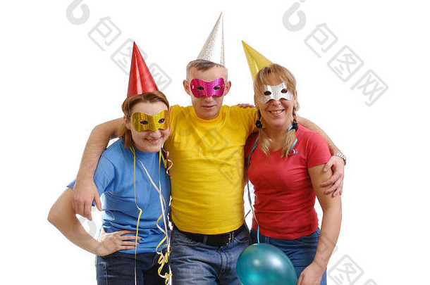 集团朋友穿聚会，派对面具帽子摆姿势白色