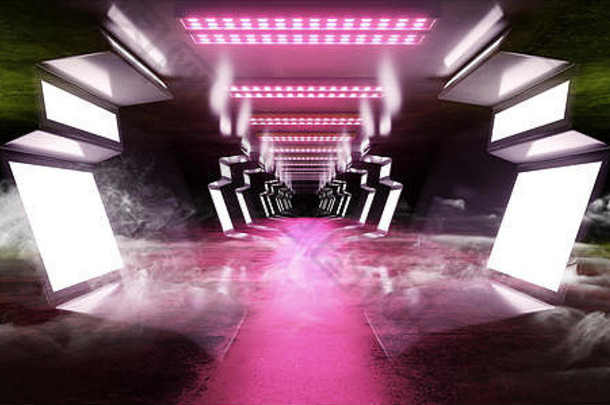 烟虚拟未来主义的sci现代光滑的金属反光外星人宇宙飞船入口走廊走廊隧道黑暗激光充满活力的紫色的绿色发光