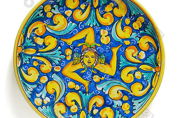 美丽的蓝色的黄色的陶瓷上釉菜
