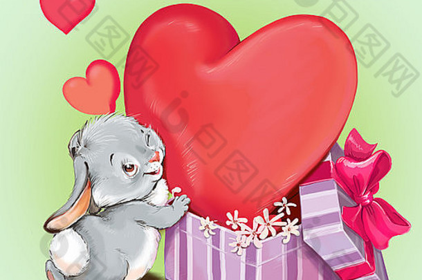 假期卡情人节一天可爱的兔子礼物盒子弓红色的心