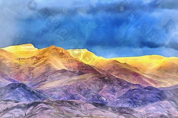 美丽的日落山色彩斑斓的天空水瓶座绘画