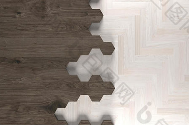 呈现现实的六角木纹理木条镶花之地板地板上块