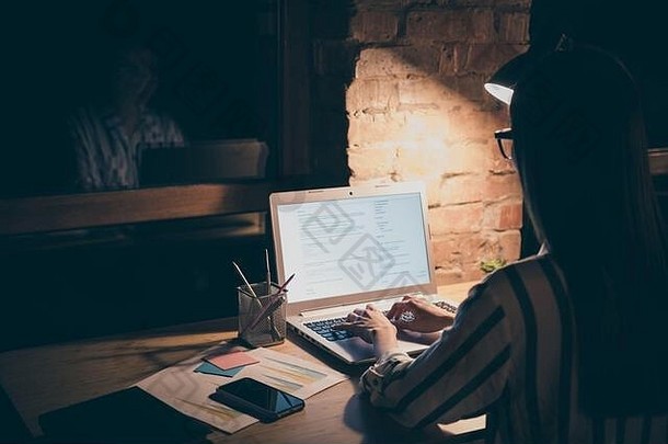后视图照片亚洲业务夫人笔记本屏幕表格写项目有创意的的想法手键盘坐椅子穿条纹衬衫