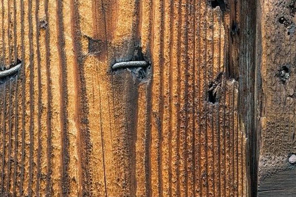 摘要木古董背景指甲孔裂缝特写镜头光棕色（的）纹理破旧的多孔自然木板粗糙的条纹表面