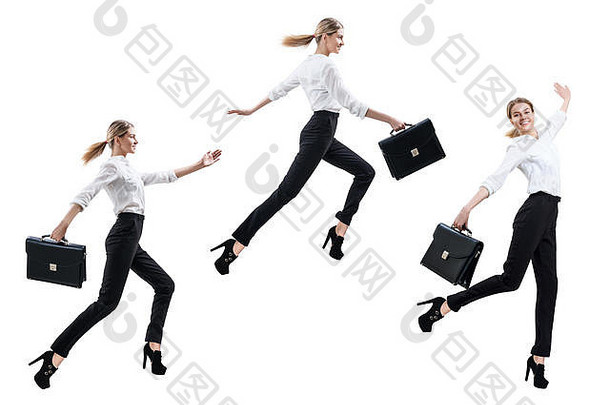 拼贴画快乐业务女人正式的穿跳公文包