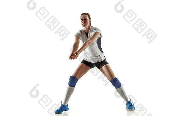 年轻的女排球球员孤立的白色工作室背景女人运动的设备鞋子运动鞋<strong>培训</strong>练习概念体育运动健康的生活方式运动运动