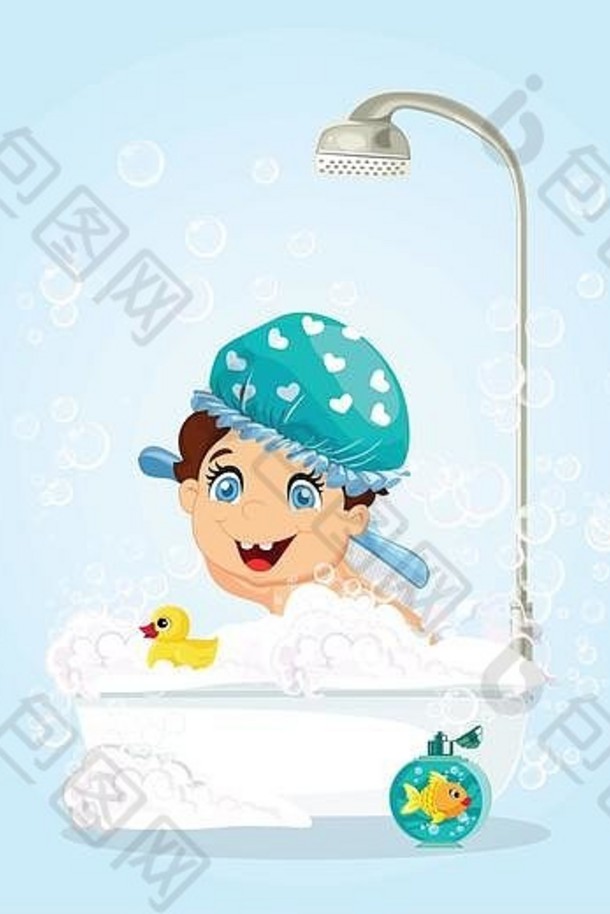 可爱的微笑男孩蓝色的眼睛穿着蓝色的他洗浴缸泡沫泡沫淋浴鸭玩具黄金鱼浴室隔离