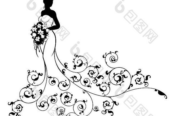 新娘婚礼轮廓设计白色新娘衣服礼服持有花花束花摘要花帕特
