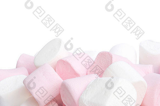 白色粉红色的毛茸茸的糖果孤立的白色背景