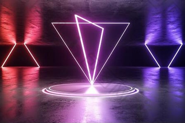 霓虹灯阶段展厅概念黑暗sci外星人难看的东西混凝土房间反光纹理蓝色的紫色的粉红色的红色的领导激光霓虹灯发光的光三角形形状