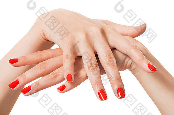 女人美丽的修剪整齐的红色的指甲优雅的穿越手显示查看器白色背景时尚魅力美概念