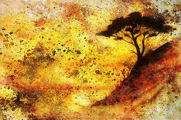 绘画日落海树壁纸景观颜色拼贴画摘要难看的东西背景点