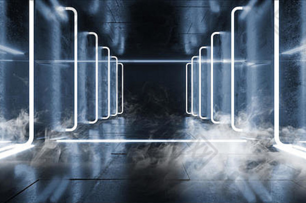 烟建设大厅难看的东西光滑的混凝土未来主义的科幻空黑暗反光现代阶段房间<strong>蓝色</strong>的发光的霓虹灯灯背景维尔特