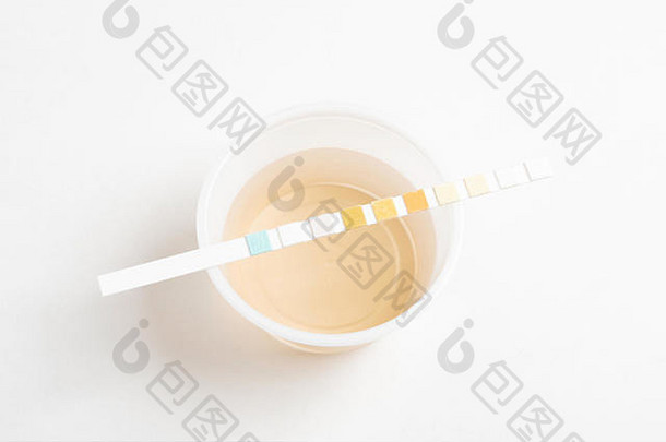结合尿液样本小轮塑料容器一块尿液试剂带集平原白色背景