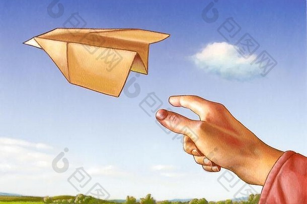 手扔纸飞机清晰的蓝色的天空混合媒体插图