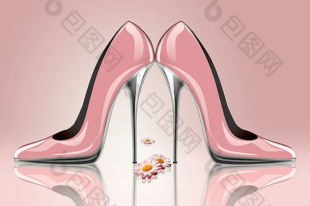 时尚风格婚礼概念一对非常粉红色的女人鞋子