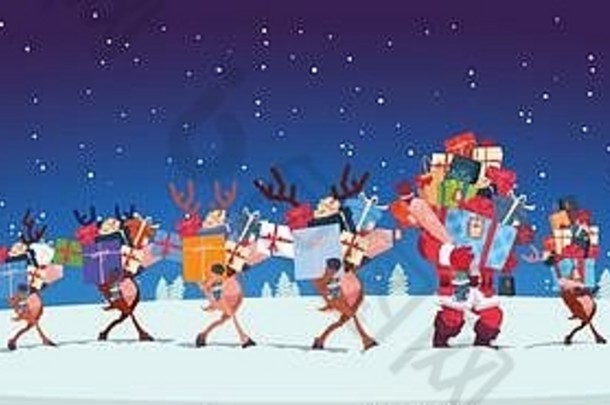 圣诞老人驯鹿携带堆栈礼物在户外晚上水平快乐一年横幅设计