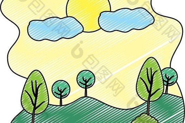涂鸦自然景观树太阳云