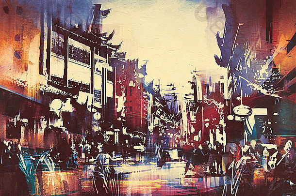 数字绘画中国人建筑人走城市街