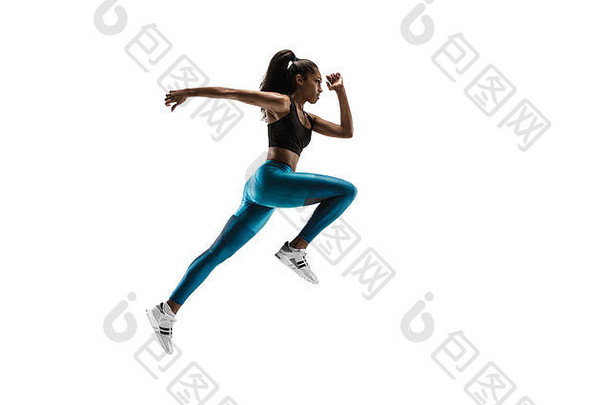 年轻的非洲女人运行孤立的白色工作室<strong>背景</strong>女跑步者慢跑者轮廓慢跑运动员