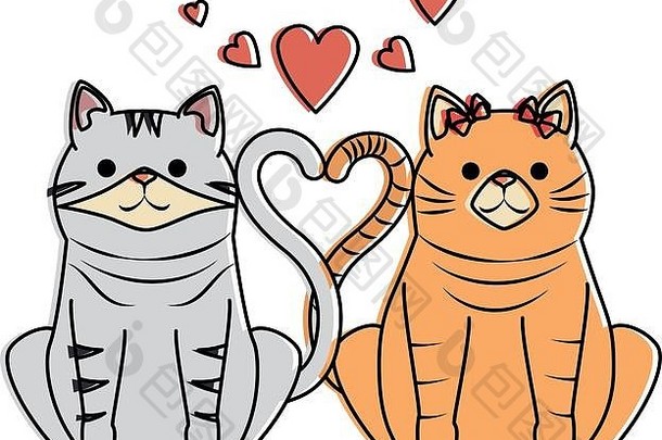 可爱的夫妇猫吉祥物心字符