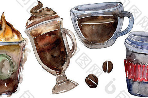热冷咖啡饮料水彩背景插图集孤立的饮料插图元素