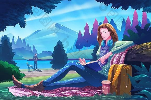 引导插图有吸引力的女人花了快乐时间阳光坐着公共公园阅读书