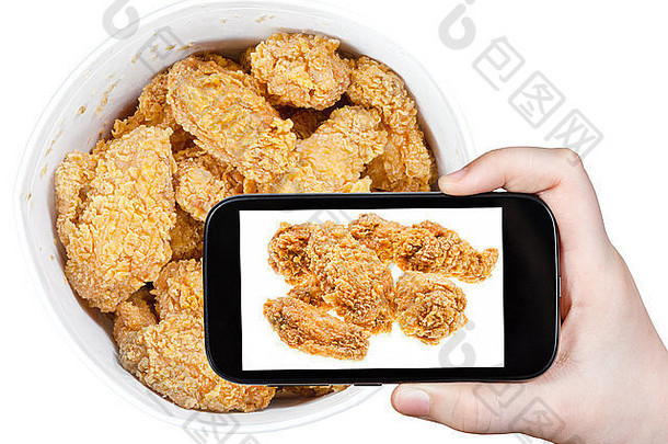 拍摄食物概念旅游需要图片热炸鸡翅膀篮子智能手机美国