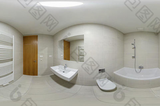 全景视图现代白色空厕所浴室厕所完整的度全景equirectangular球形投影天空体