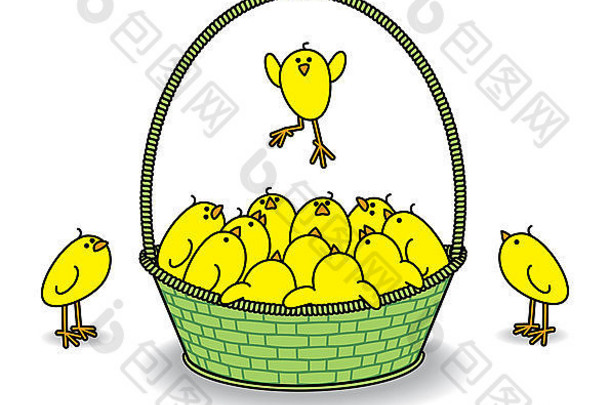 插图可爱的小鸡绿色篮子看飞跃空气白色背景