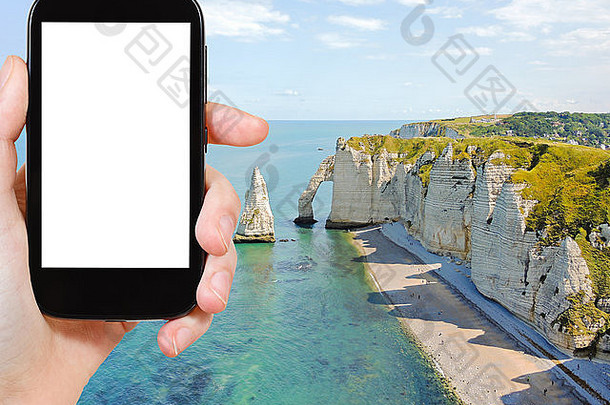 旅行概念旅游照片英语通道海岸悬崖埃特雷塔科特阿尔巴特尔法国智能手机减少