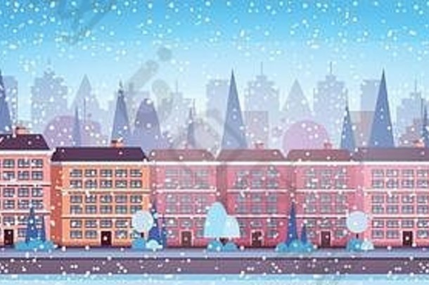 城市建筑房子冬天街城市景观背景快乐圣诞节快乐一年概念平水平平