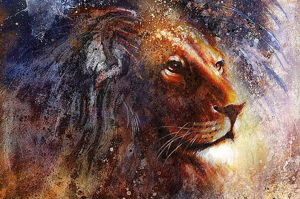 狮子脸配置文件肖像色彩斑斓的摘要背景
