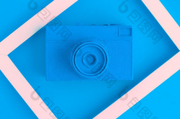 复古的电影照片相机彩色的蓝色的照片框架最小的摘要有创意的概念