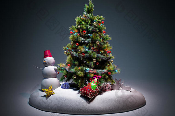 圣诞节树色彩斑斓的玩具渲染darck蓝色的背景