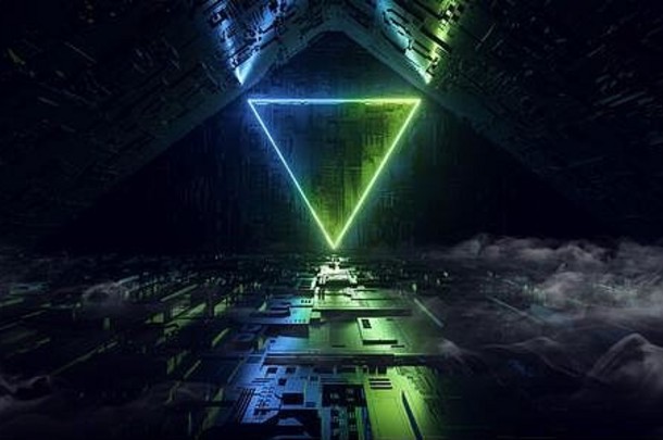 sci未来主义的金属反光示意图变形主板地板上现实的现代霓虹灯发光的激光三角形弧梁绿色<strong>蓝色</strong>的电sha