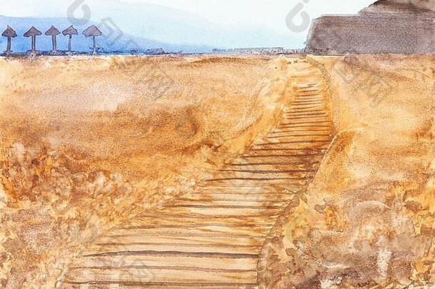 木小径沙子海滩阿尔加夫地区葡萄牙夏天一天手画水彩画油漆白色变形纸