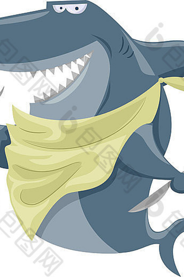 插图特色鲨鱼穿围嘴持有叉刀
