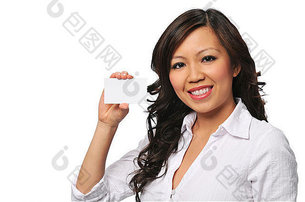 美丽的亚洲女商人空白卡孤立的白色